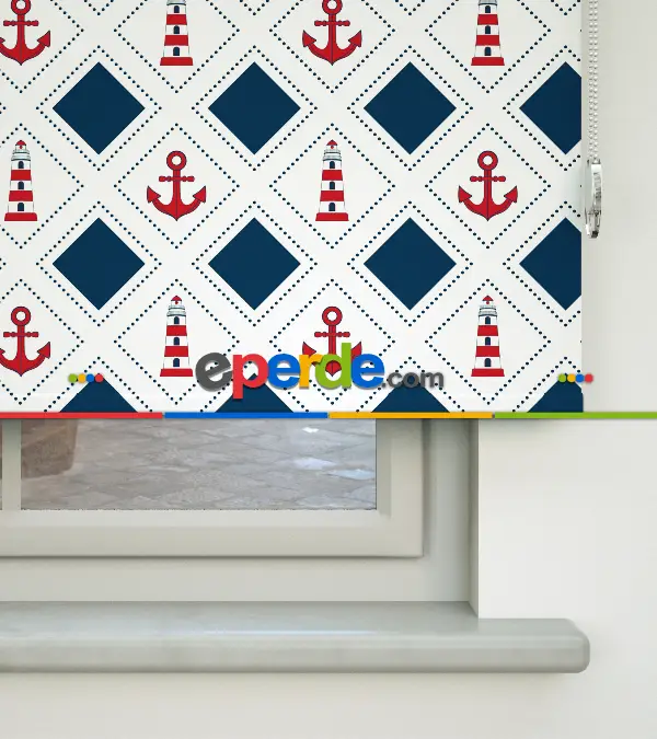 Çapa Desenli Baskılı Stor Perde- Lacivert-kırmızı-çok Renkli