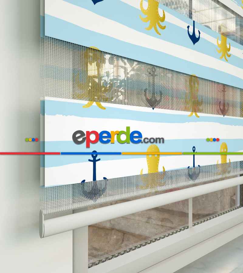 Çocuk Odası Zebra Perde - Çapa Baskılı Zebra Perde- Lacivert-Mavi-Sarı-Beyaz