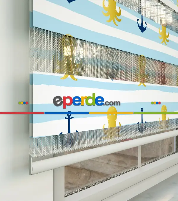 Bebek Odası Zebra Perde - Çapa Baskılı Zebra Perde- Lacivert-Mavi-Sarı-Beyaz