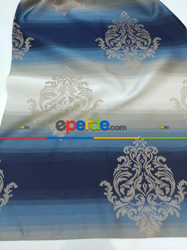 Renk Geçişli Jakar Desenli Salon Fon Perdesi - Lacivert - Mavi - Bej- Lacivert-mavi-bej