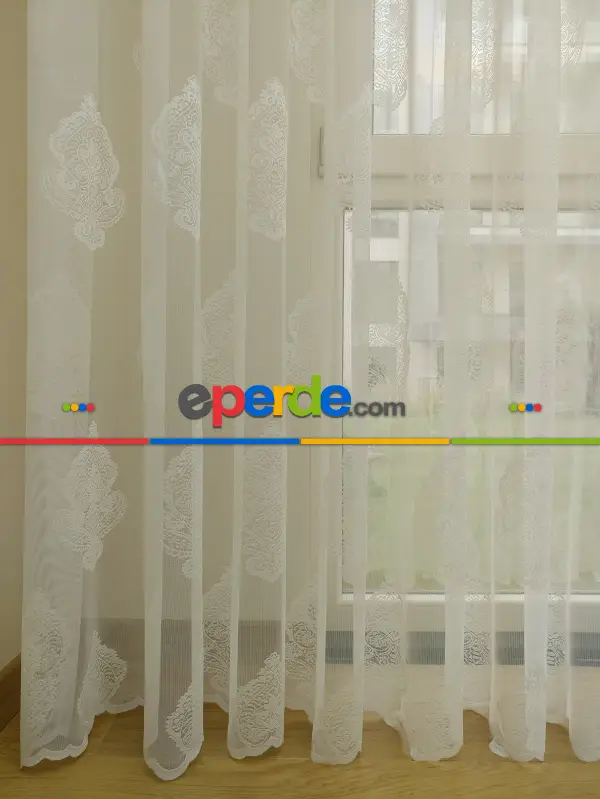 Damask Desenli Özel Örme Dokulu Tül Perde ( Hazır Ölçü 1/2.5 Normal Pile )- Ekru 200cm X 195cm 