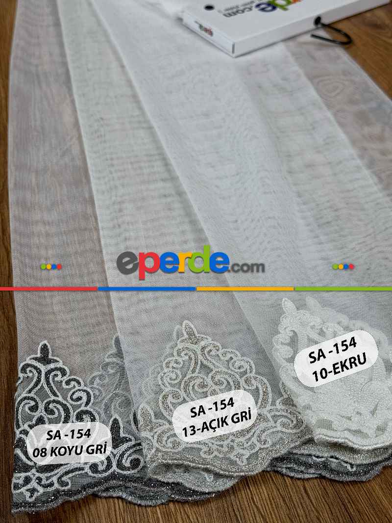 Salon - Ekru/gri/antrasit Gri Etek Ucu Özel İplik Hafif Simli Damask Brode İşlemeli Tül Perde - Ağır Gramajlı Premium Nakışlı