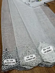 Ekru/gri/antrasit Gri Etek Ucu Özel İplik Hafif Simli Damask Brode İşlemeli Tül Perde - Ağır Gramajlı Premium Nakışlı