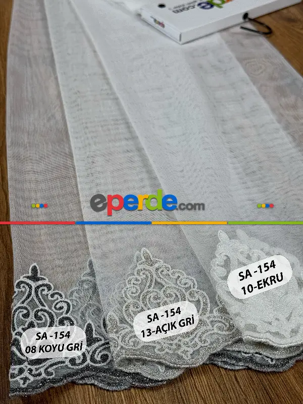 Oturma Odası - Ekru/gri/antrasit Gri Etek Ucu Özel İplik Hafif Simli Damask Brode İşlemeli Tül Perde - Ağır Gramajlı Premium Nakışlı