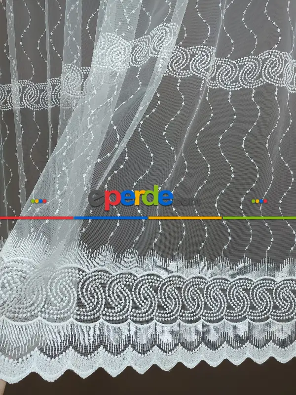 Brode İşlemeli Nakışlı Tül Perde Es Desenli - Ekru Renk