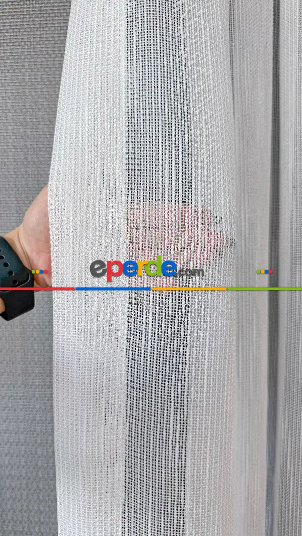 Salon - Beyaz Keten Gümüş Simli Tül Perde - Ağır Gramajlı Premium