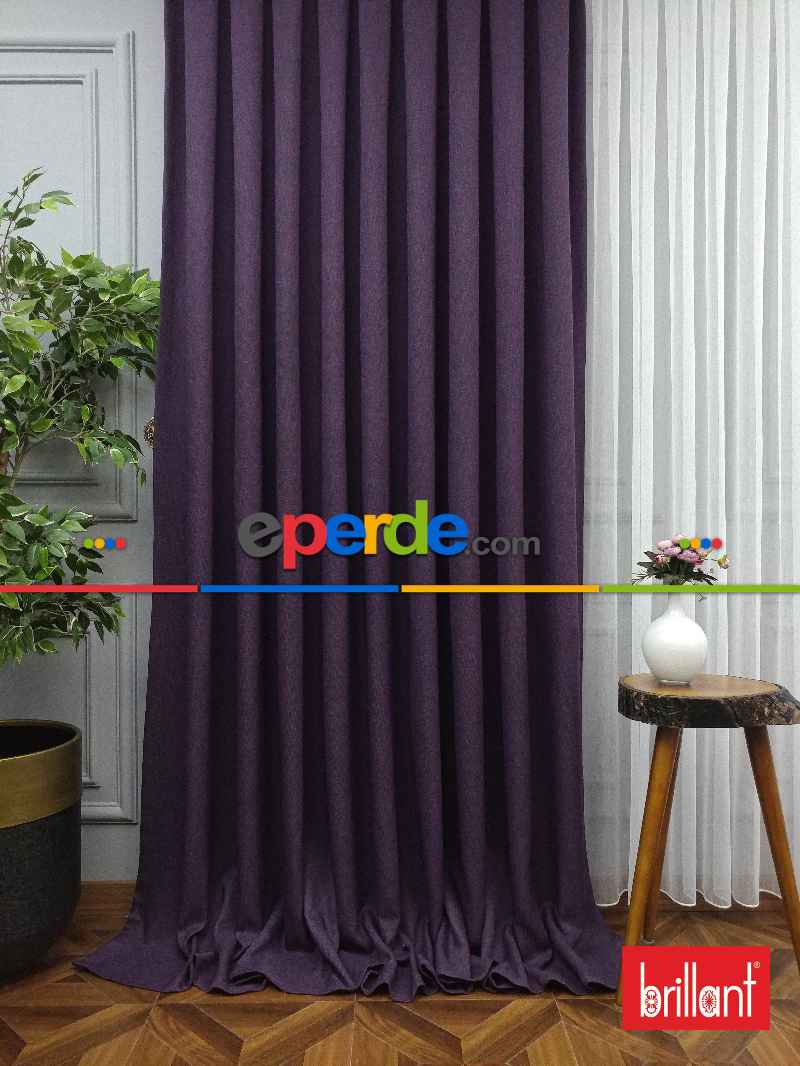 Brillant Keten Mor Renk Düz Fon Perde - Mor Patlıcan Moru