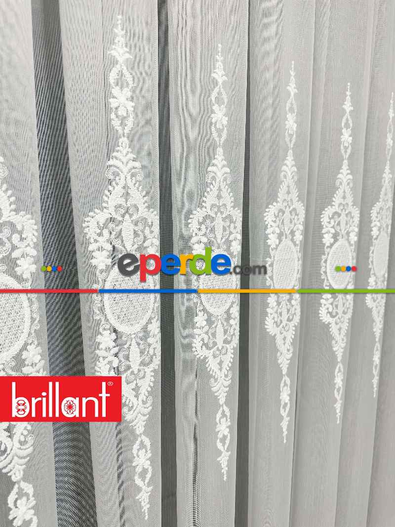 Brillant Ayna Desen Beyaz İşlemeli Tül Perde