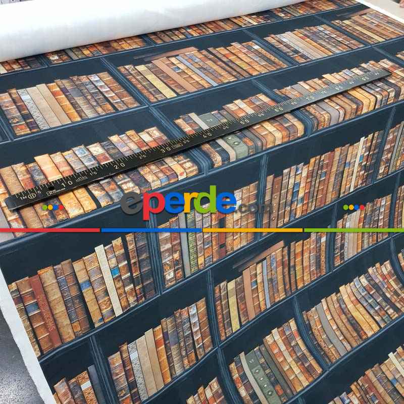 Genç Odası - Kitaplık Desenli Fon Perde Evm1077 Kumaşı Kalındır Duck Bezi Değildir- Kahverengi