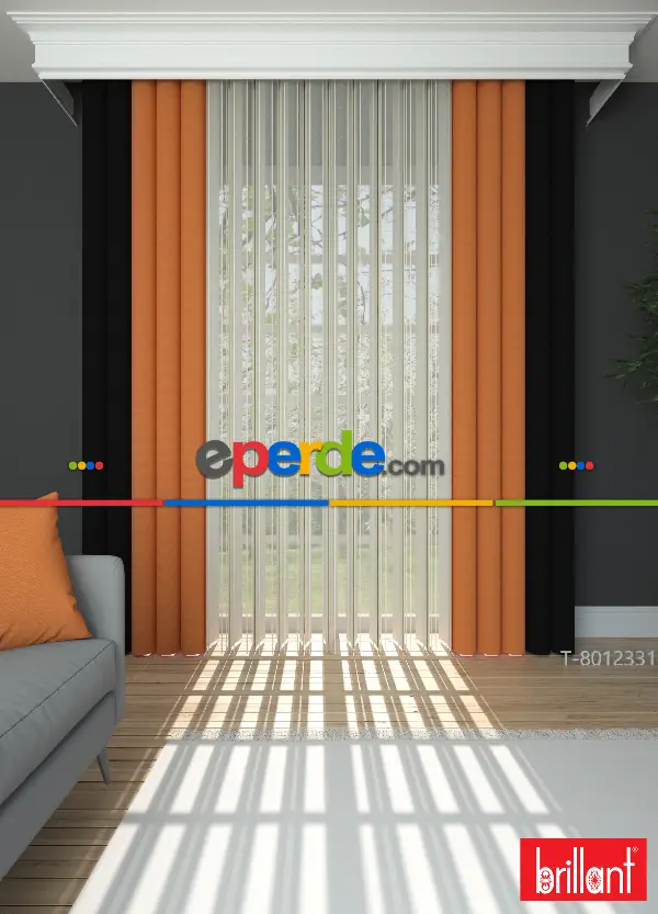 Yatak Odası - Brillant Akıllı Tül Siyah-turuncu Perde Tül Dikey Zebra Perde Düz 1. Kalite