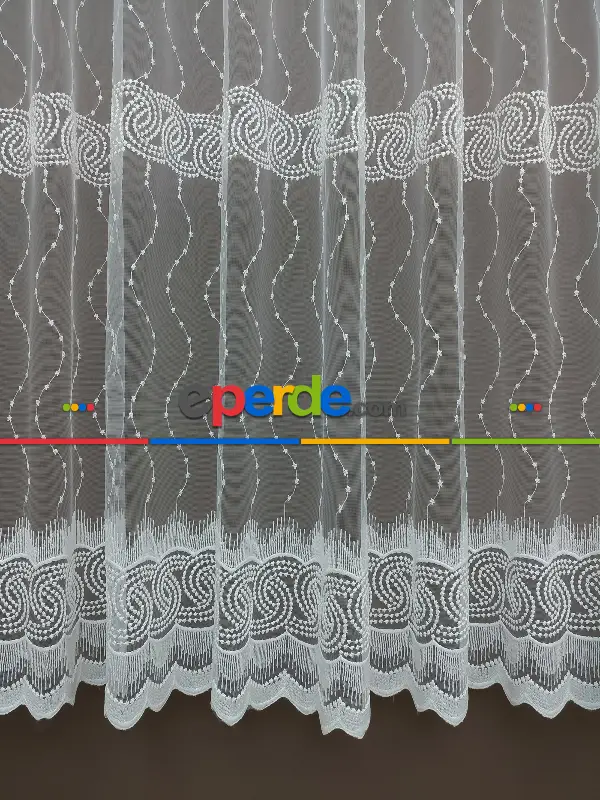 Brode İşlemeli Nakışlı Tül Perde Es Desenli - Ekru Renk
