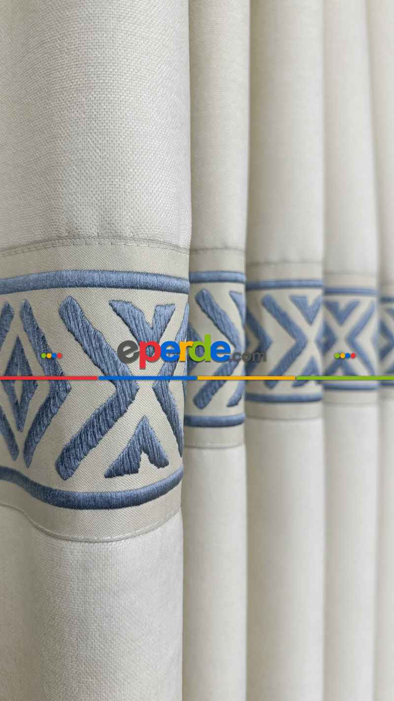 Açık Krem Yatay Mavi Bordürlü Fon Perde - Ağır Gramajlı Premium Kalite Serisi