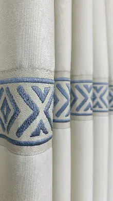 Yatak Odası - Açık Krem Yatay Mavi Bordürlü Fon Perde - Ağır Gramajlı Premium Kalite Serisi