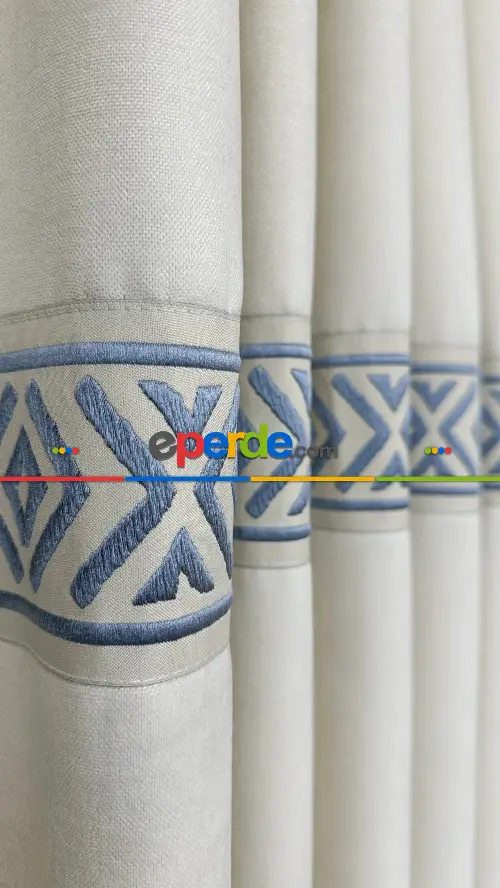 Açık Krem Yatay Mavi Bordürlü Fon Perde - Ağır Gramajlı Premium Kalite Serisi