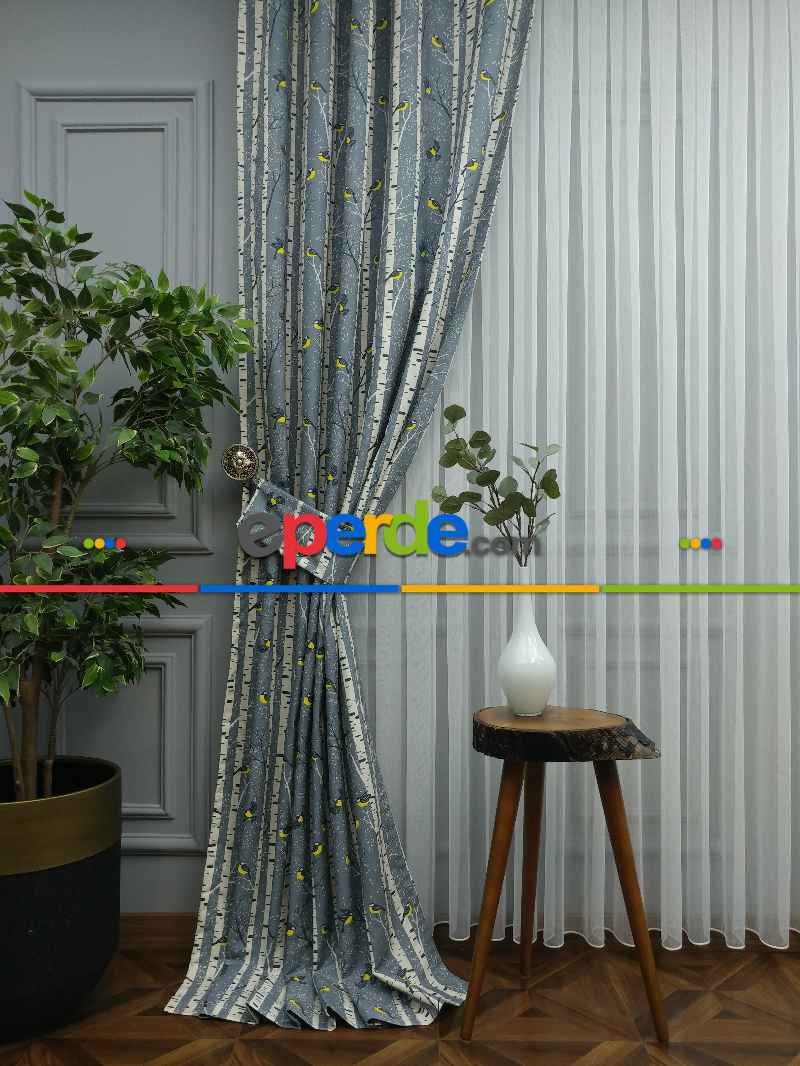 Mutfak Perdesi Kanat Fon Perde Kuş Desenli- Sarı