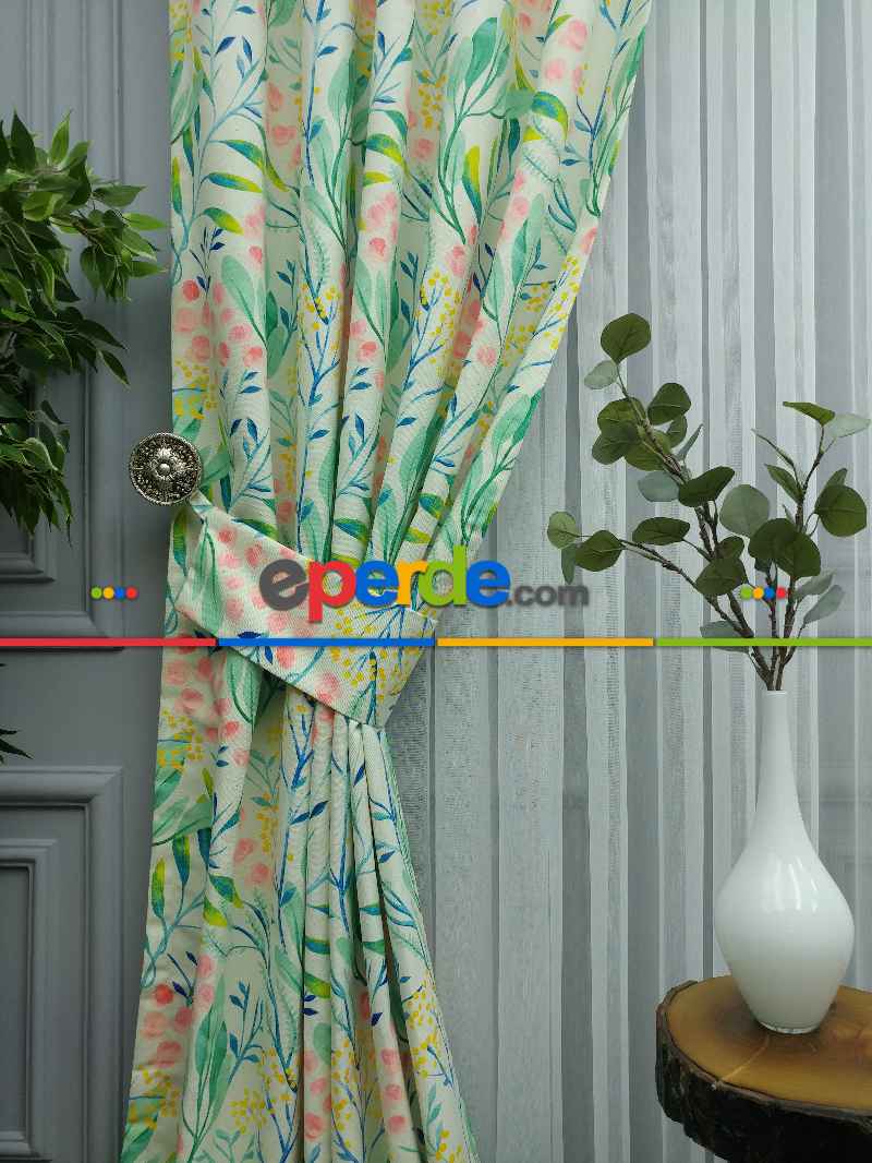 Mutfak Perdesi Kanat Fon Perde Çiçek Desenli- Yeşil