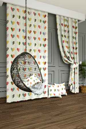 Dökümlü Kumaştan Renkli Kalpler Baskılı Fon Perde- Ekru-çok Renkli