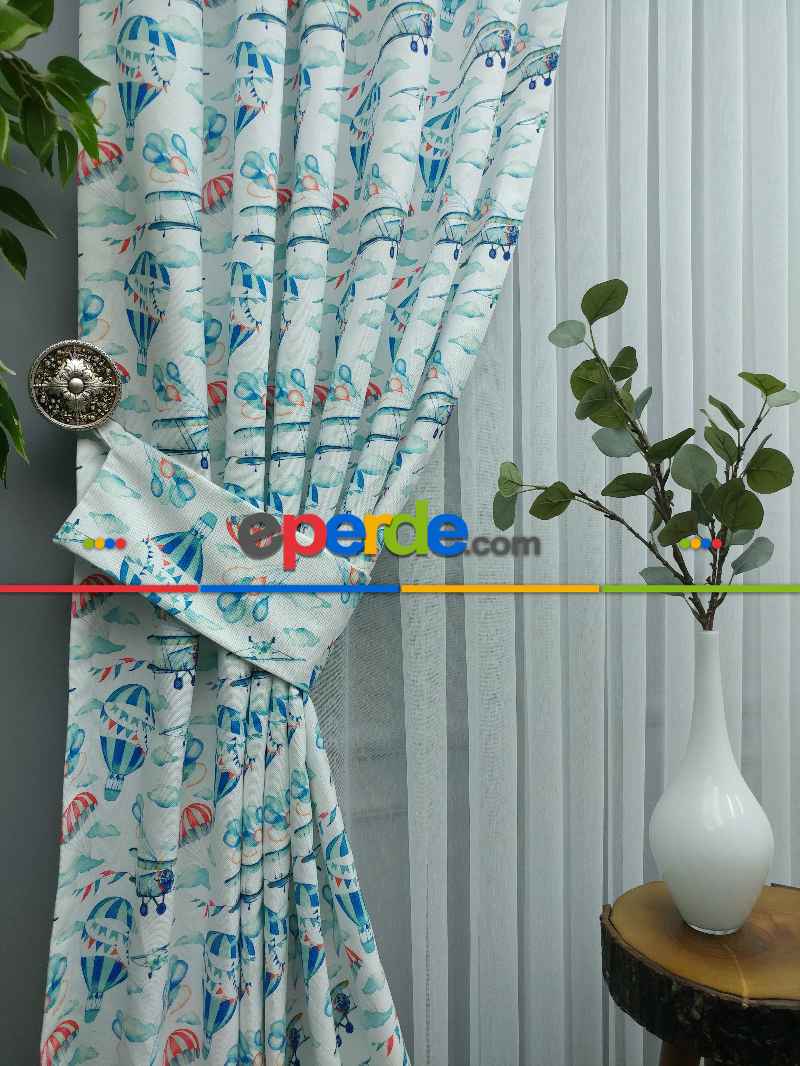 Bebek Odası Fon - Uçak Desenli Fon Perde K679 Kumaşı Kalındır Duck Bezi Değildir.- Mavi