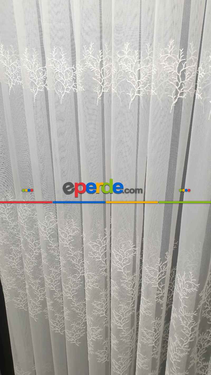 Oturma Odası - Sıra Dallar İşlemeli Sıra Desen Bambu Kırışmaz Ütü İstemez Tül