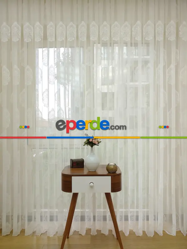 Damask Desenli Özel Örme Dokulu Tül Perde ( Hazır Ölçü 1/2.5 Normal Pile )- Ekru 200cm X 195cm 