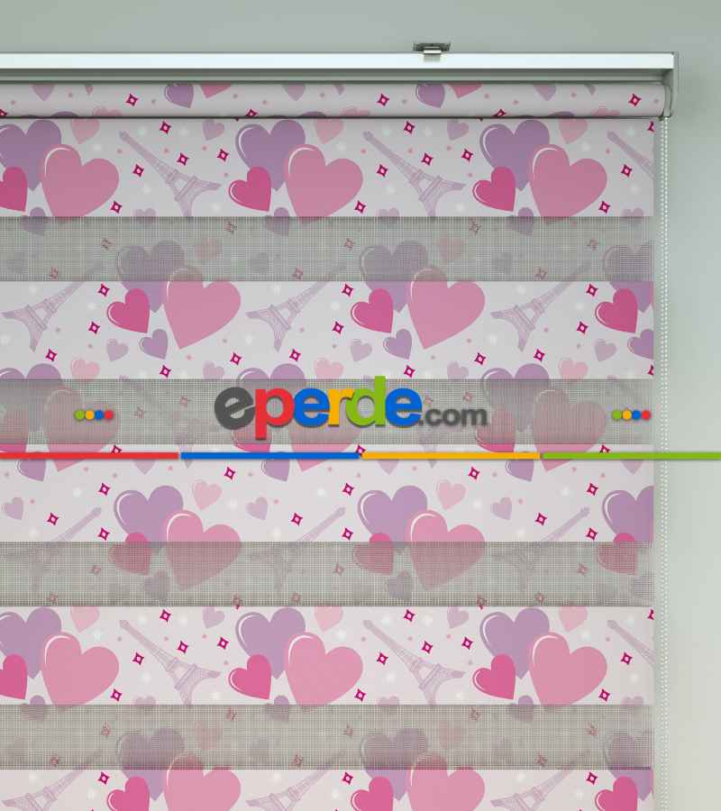 Çocuk Odası Zebra - Kalp Desenli Baskılı Zebra Perde- Pembe