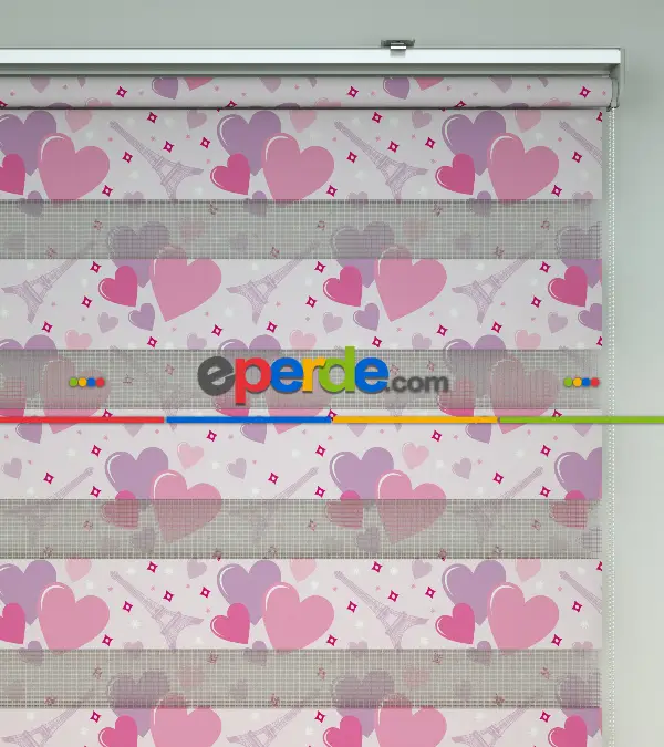 Kalp Desenli Baskılı Zebra Perde- Pembe