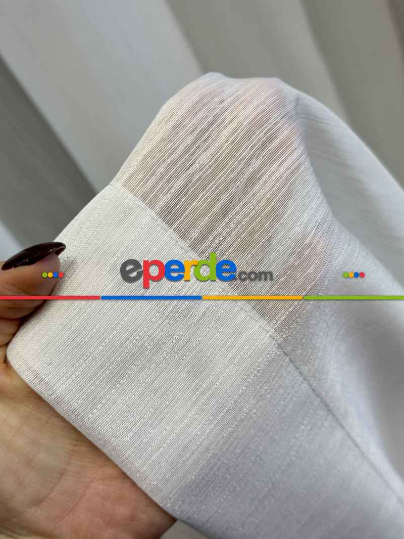 Ekru Sedefli Çizgili Tül Perde, Ağır Gramajlı Premium Seri, Kurşunlu Tül