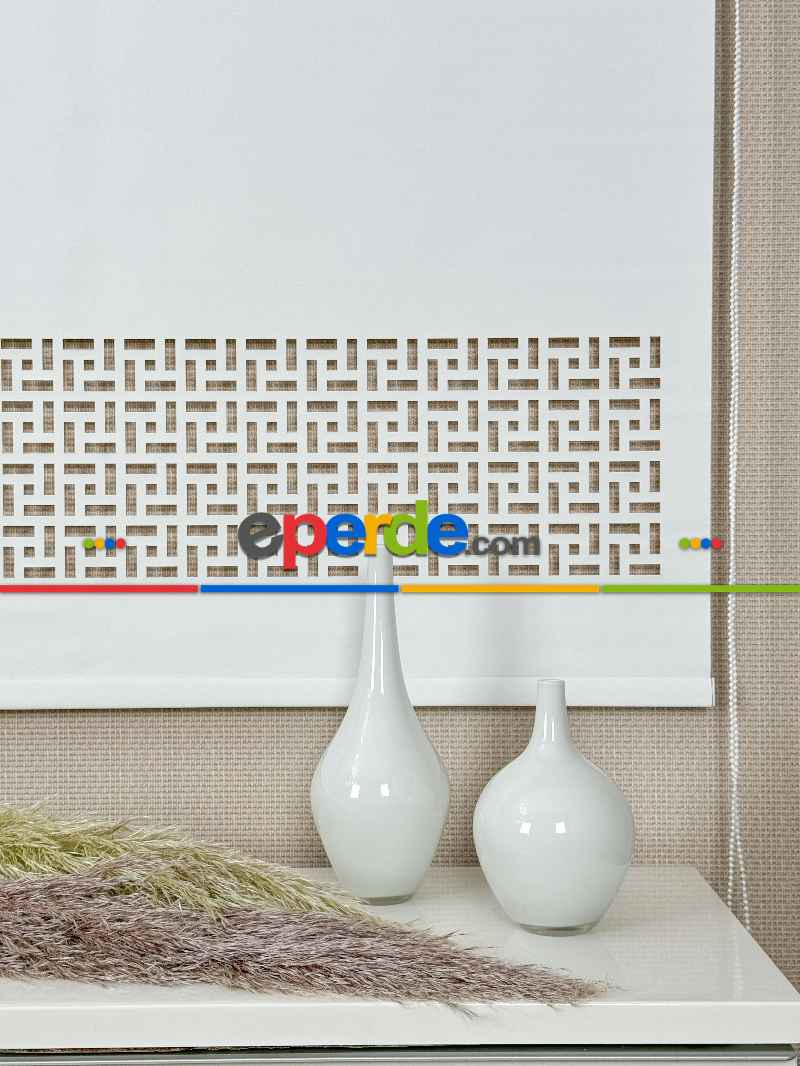 Salon Ekru Lazer Kesimli Stor Perde ( Lazer Kesim Fiyata Dahildir) Metal Kasalı - Yüksek Kalite - Kornişe Kolay Montaj Seçenekli