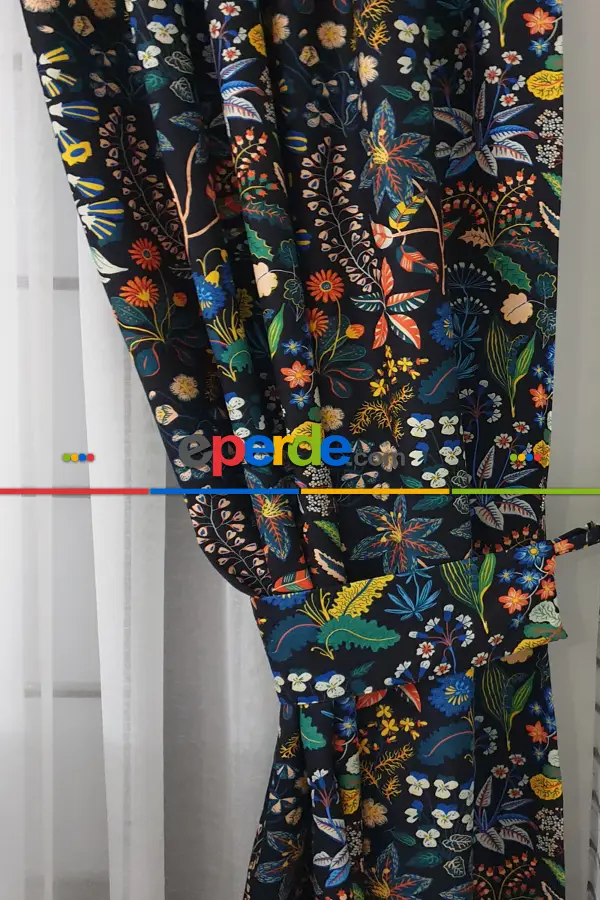 Mavi Çiçek Desenli Fon Perde Evm624 Kumaşı Kalındır Duck Bezi Değildir- Siyah-Mavi-Beyaz-Çok Renkli