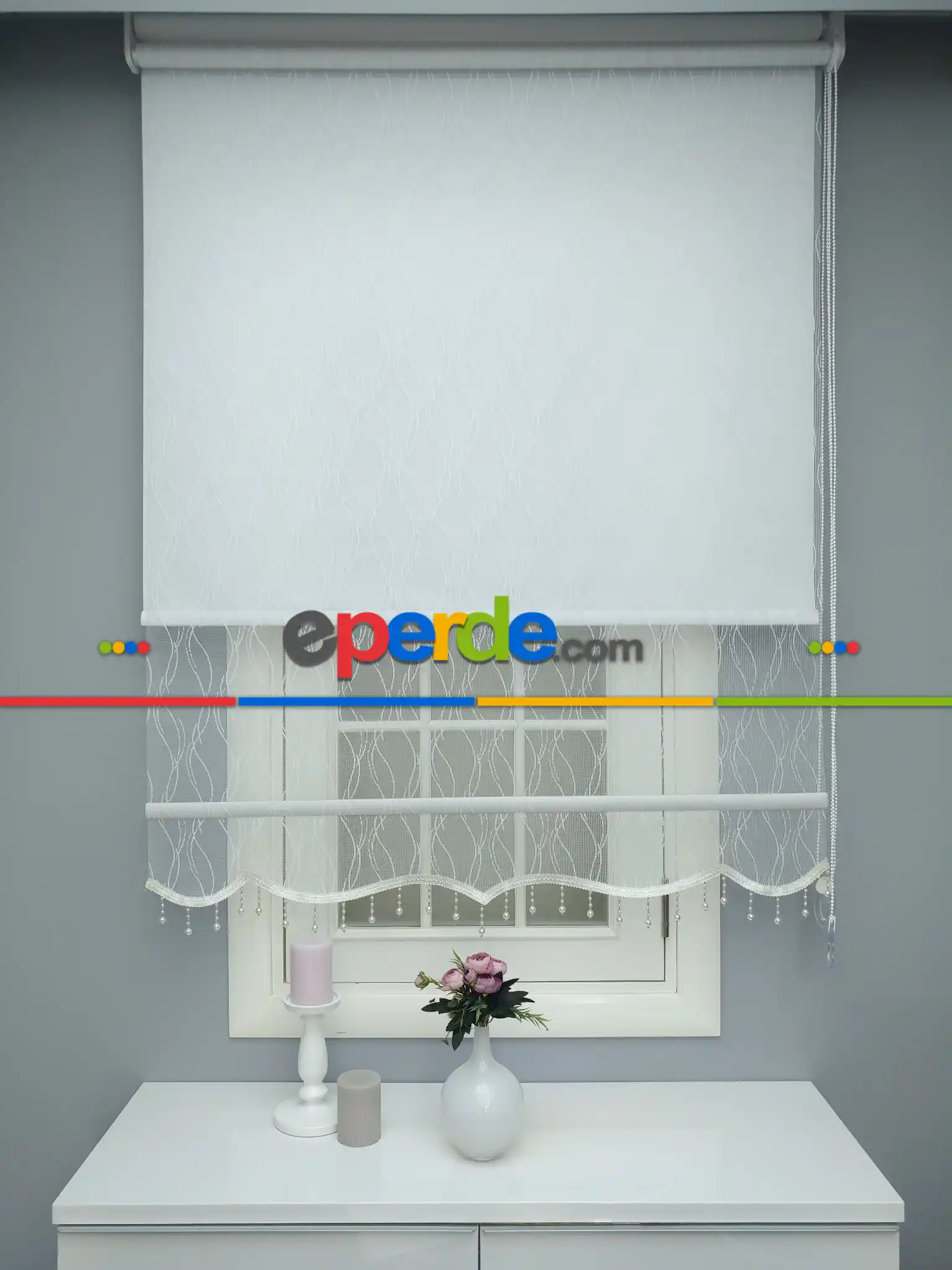 Salon - Kampanyalı Fiyat Çiftli Sistem Tül Ve Stor Perde - Ekru Renk