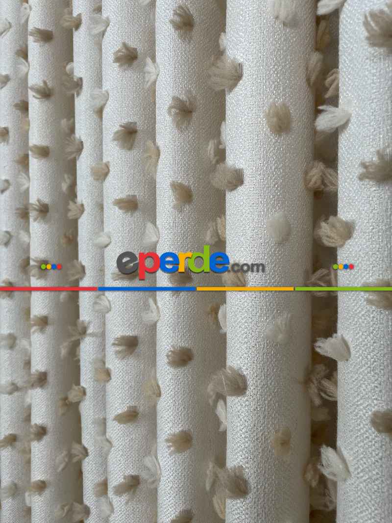 Oturma Odası - Krem Kahve Ponponlu Jakar Dokuma, Premium Kalite Serisi Fon Perde