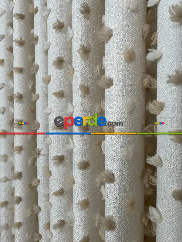 Yatak Odası - Krem Kahve Ponponlu Jakar Dokuma, Premium Kalite Serisi Fon Perde