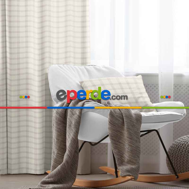 Kız ve Erkek Bebek Odası Fon Perde - Krem Bej - Ekose Desenli