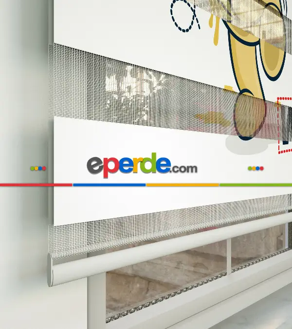 Sevimli Ayıcık Desenli Özel Baskılı Zebra Perde- Çok Renkli