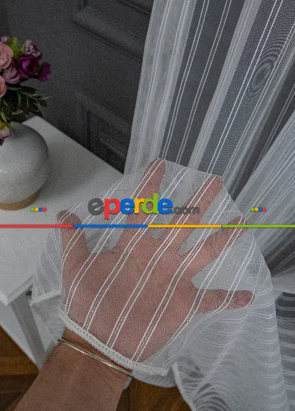 Salon Tül - Brillant Gümüş Sim Çizgi Armür Tül Çizgili Tül