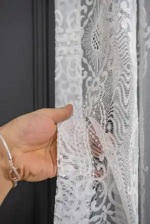 Taç Mimoza Sedef İşlemeli Ütü İstemez Salon Tül Perde