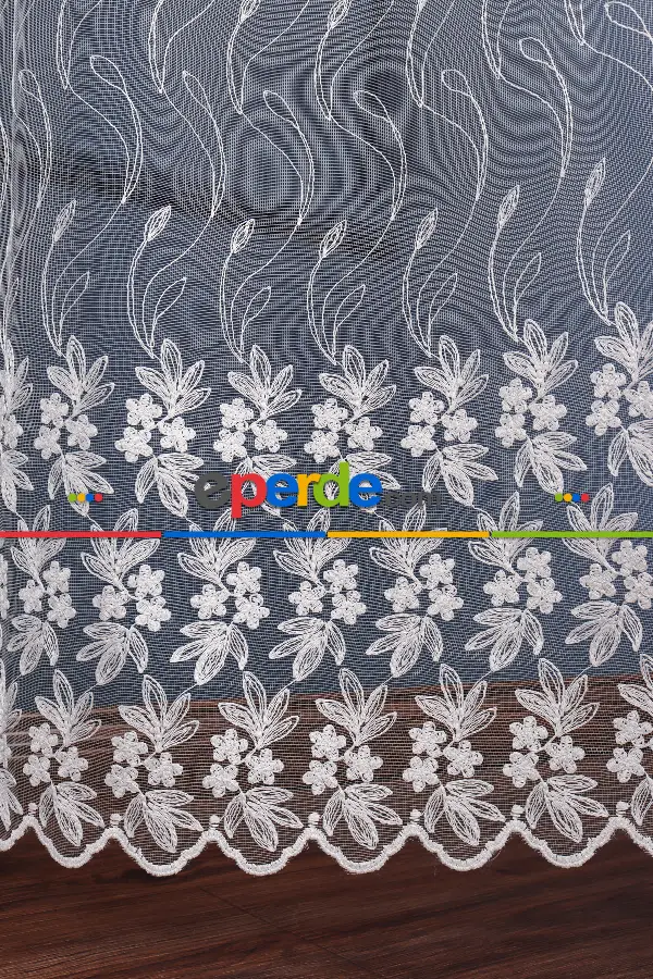 Salon Tül Perde - Çiçek Desen Brode Işlemeli Tül Perde