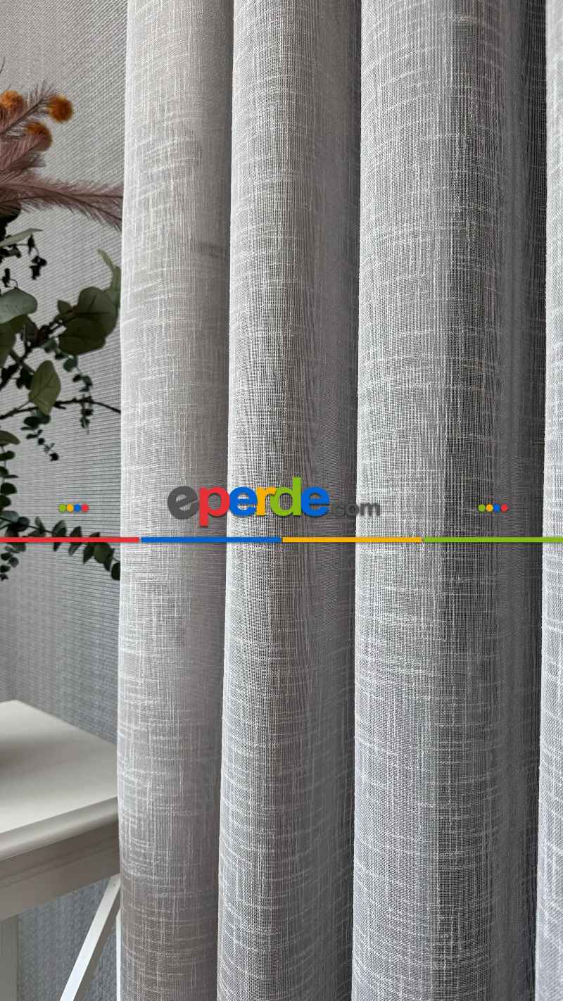 Açık Gri Keten Düz Tül Perde - Premium Serisidir, Eteği Kurşunlu Tül