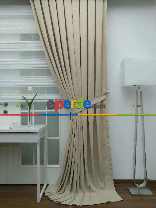 Krem Düz Fon Perde- Krem