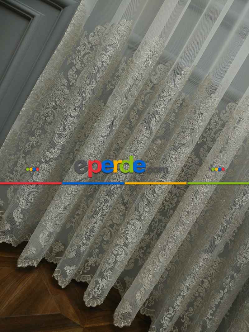 Oturma Odası - Eteği Duble Nakış İşlemeli Lüx Tül Perde Ikon 2021- Krem-altın Simli