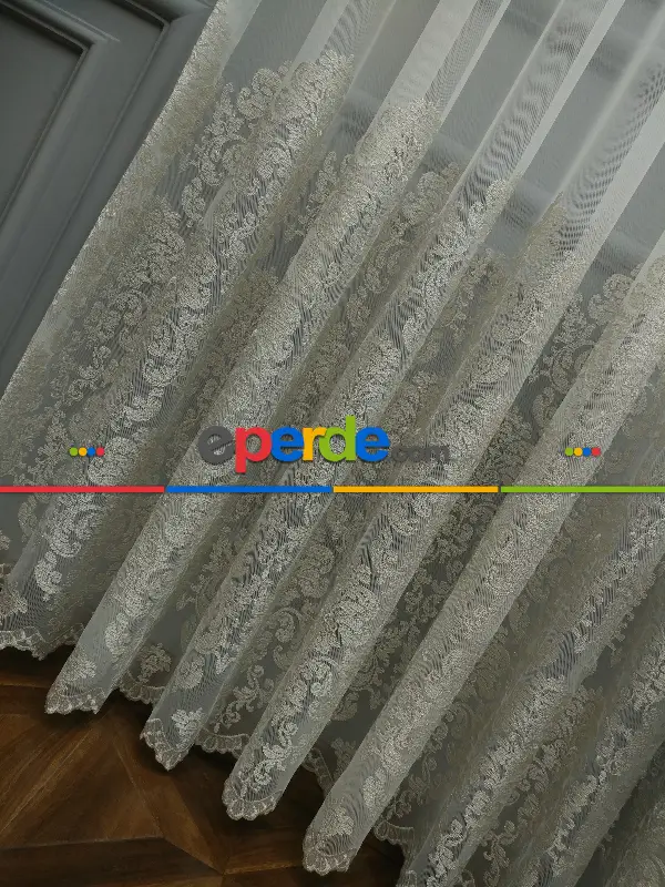 Salon Tül Perde - Eteği Duble Nakış İşlemeli Tül Perde Ikon 2021- Krem