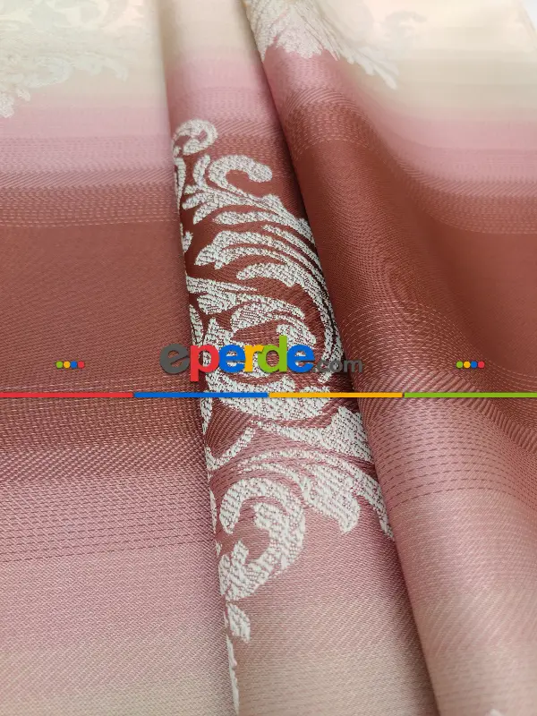 Renk Geçişli Jakar Desenli Salon Fon Perdesi - Kızıl - Pembe - Bej- Bej-pembe-kiremit Rengi