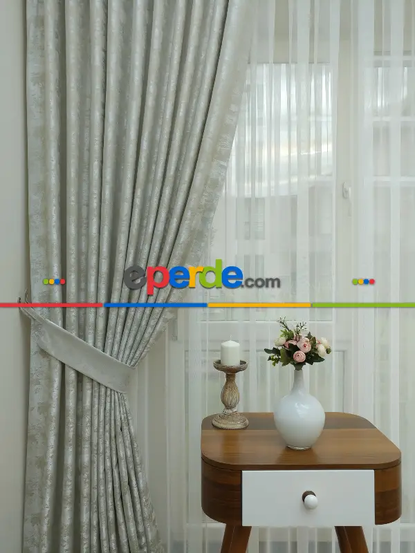 Patine Desenli Taş Rengi - Katyonik Jakar Fon Perde- Taş Rengi