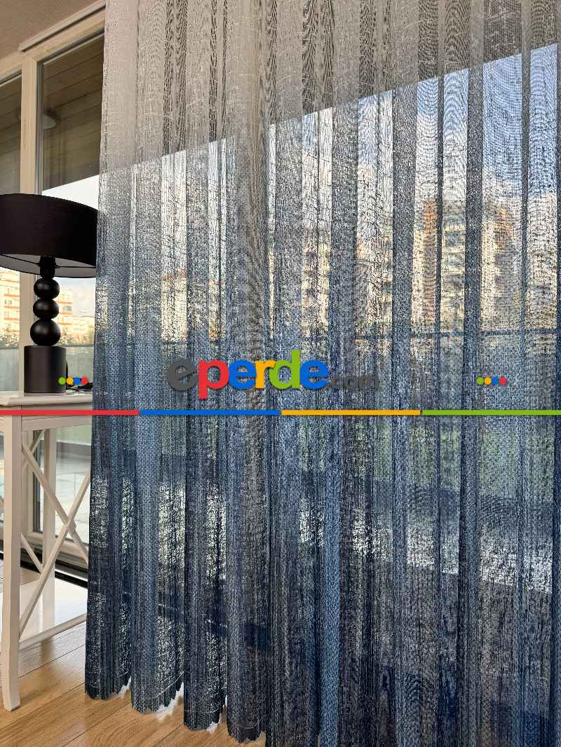 Mavi Degrade Geçişli Tül Perde, Fransız Örme Tül