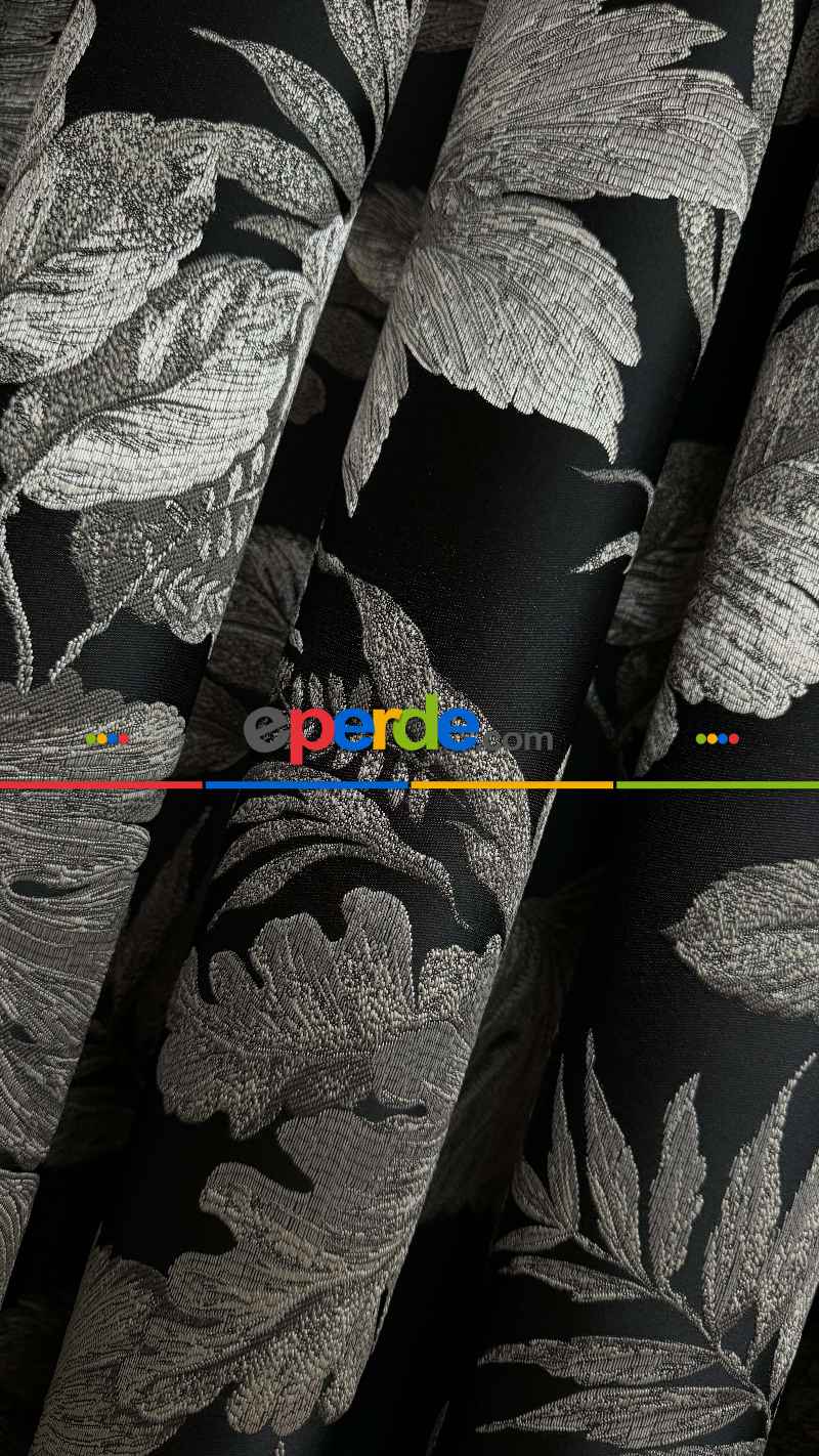 Siyah Gümüş Vizon Çiçek Desen Premium Jakar Dokuma Fon Perde - Premium Kalite Serisi Ağır Gramajlı