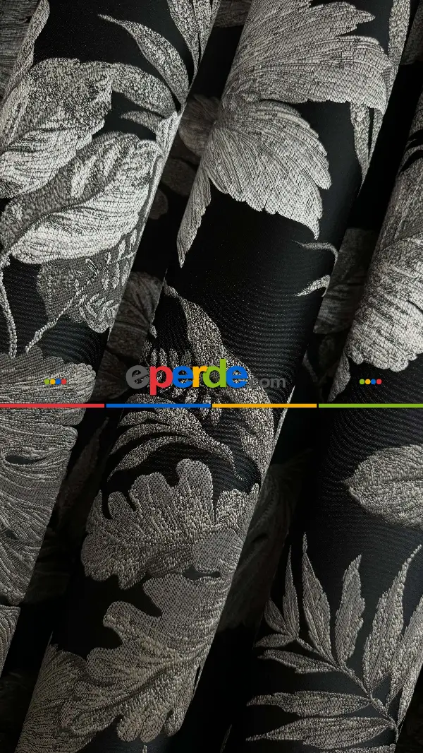 Siyah Gümüş Vizon Çiçek Desen Premium Jakar Dokuma Fon Perde - Premium Kalite Serisi Ağır Gramajlı