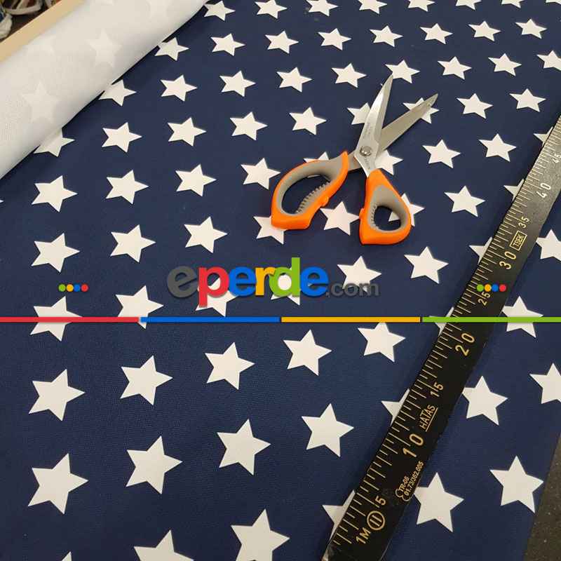 Yıldız Desenli Fon Perde Evm1131 Kumaşı Kalındır Duck Bezi Değildir- Lacivert-Beyaz