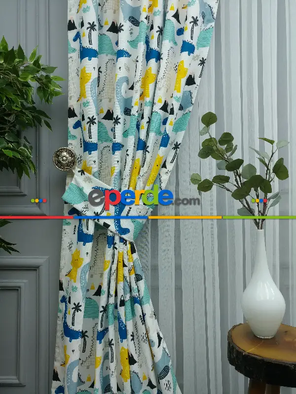 Bebek Odası Fon - Dinazor Desenli Fon Perde Evm499 Kumaşı Kalındır Duck Bezi Değildir- Mavi-Sarı