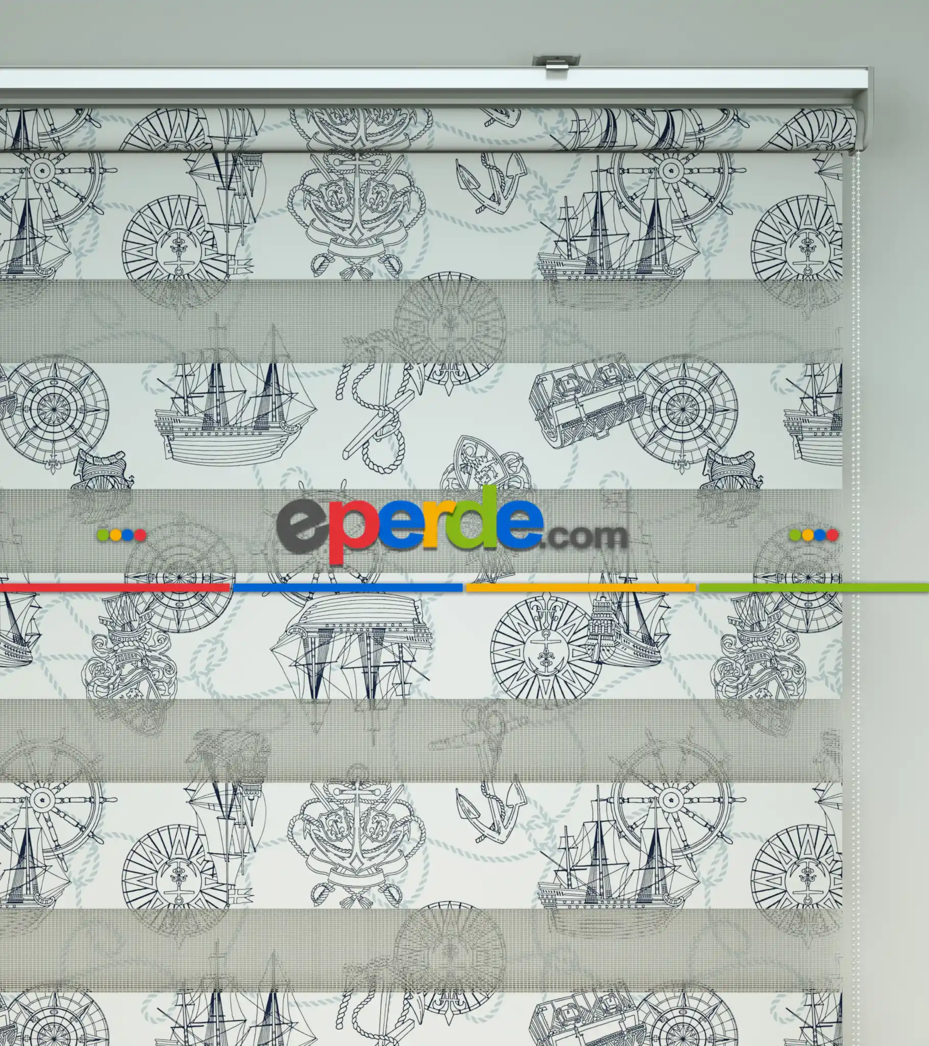 Bebek Odası Zebra Perde - Gemi Baskılı Zebra Perde- Gri-Füme-Antrasit-Beyaz