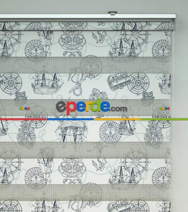 Bebek Odası Zebra Perde - Gemi Baskılı Zebra Perde- Gri-Füme-Antrasit-Beyaz